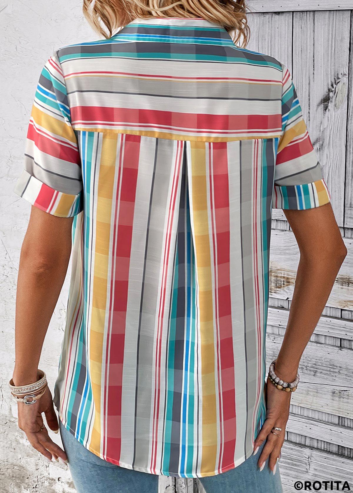 Multi Color tops,Rainbow Color tops,Plaid tops,Geometric tops,Striped tops,ROTITA Button Plaid Multi Color Shirt Collar Blouse