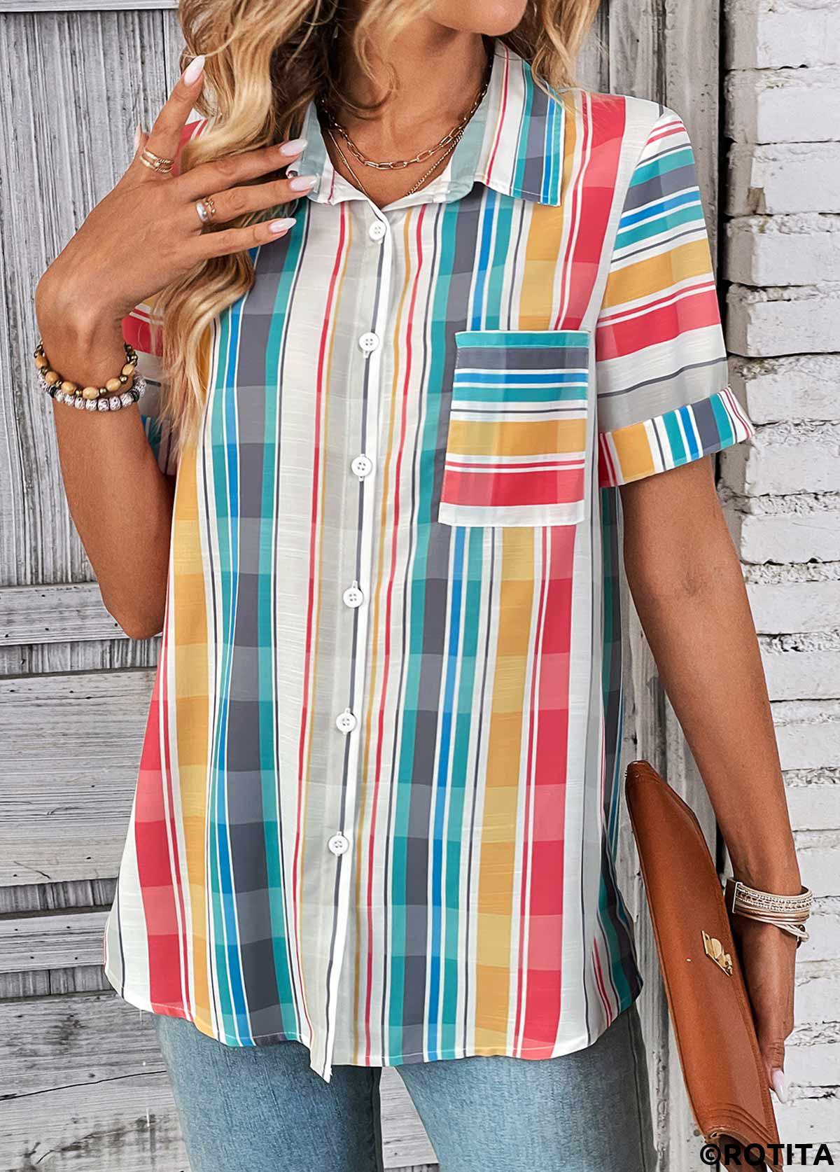 Multi Color tops,Rainbow Color tops,Plaid tops,Geometric tops,Striped tops,ROTITA Button Plaid Multi Color Shirt Collar Blouse