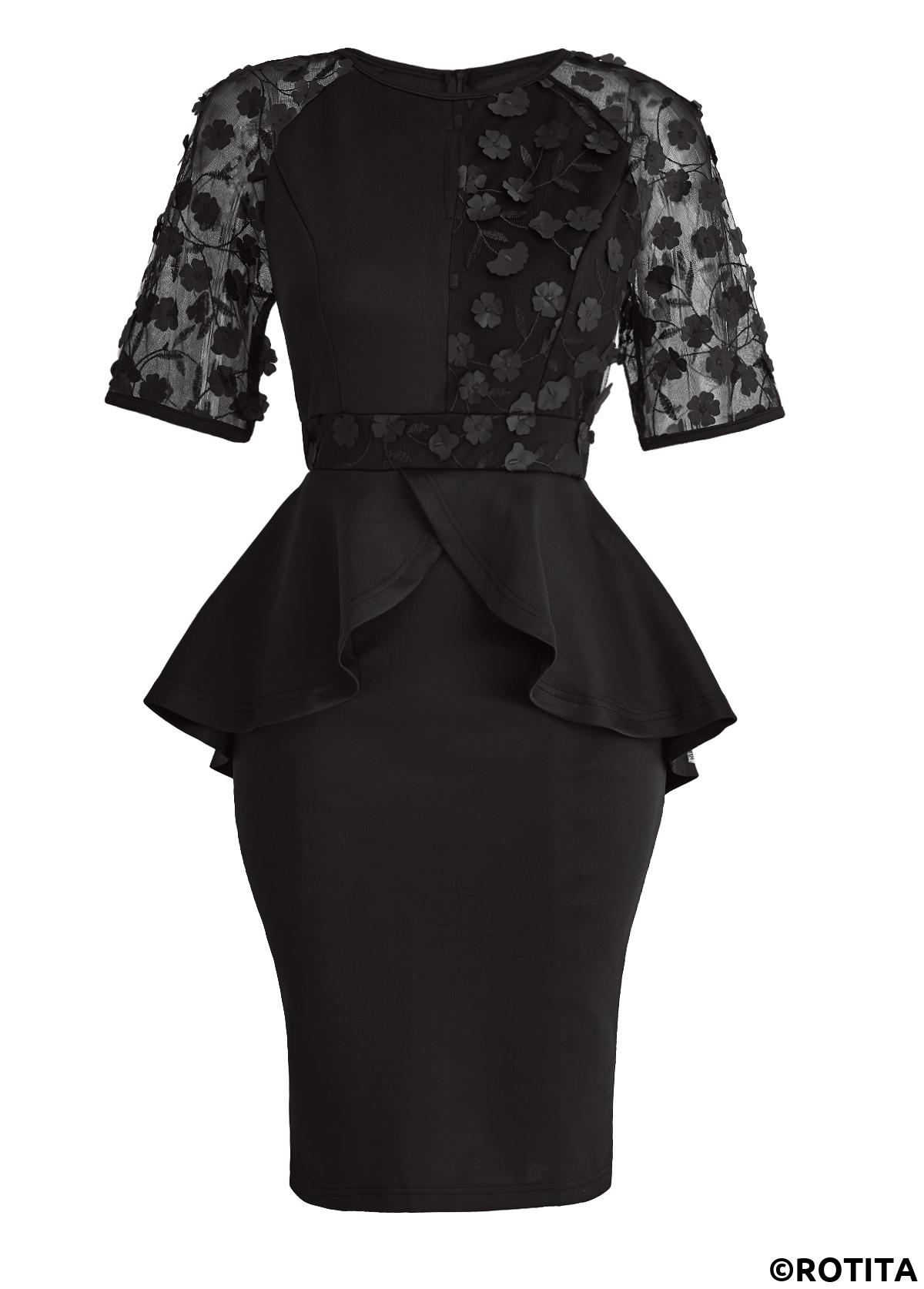Black dresses,Plain Color dresses,Party dresses,Elegant dresses,ROTITA Patchwork Black Round Neck Half Sleeve Bodycon Dress