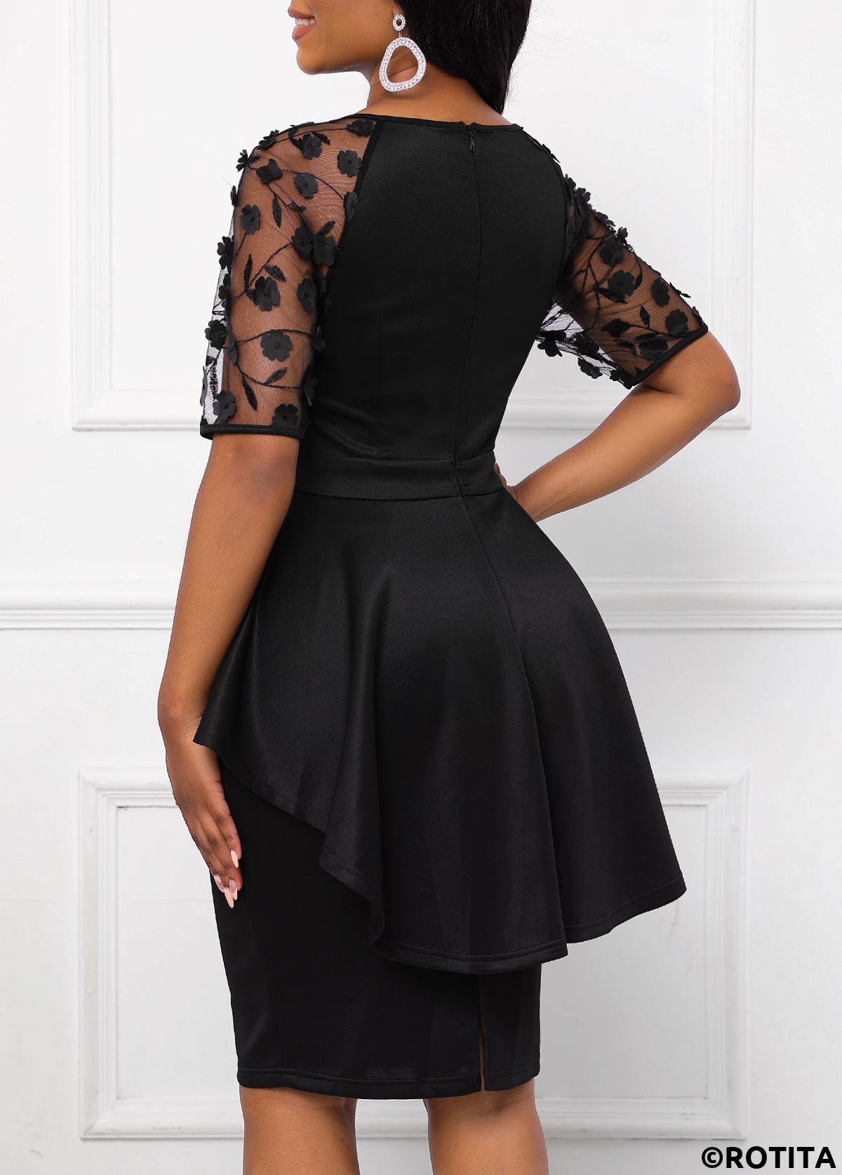Black dresses,Plain Color dresses,Party dresses,Elegant dresses,ROTITA Patchwork Black Round Neck Half Sleeve Bodycon Dress