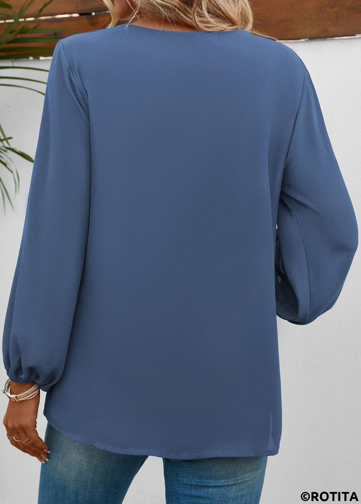 Dusty Blue tops,Plain Color tops,ROTITA Dusty Blue V Neck Long Sleeve Blouse