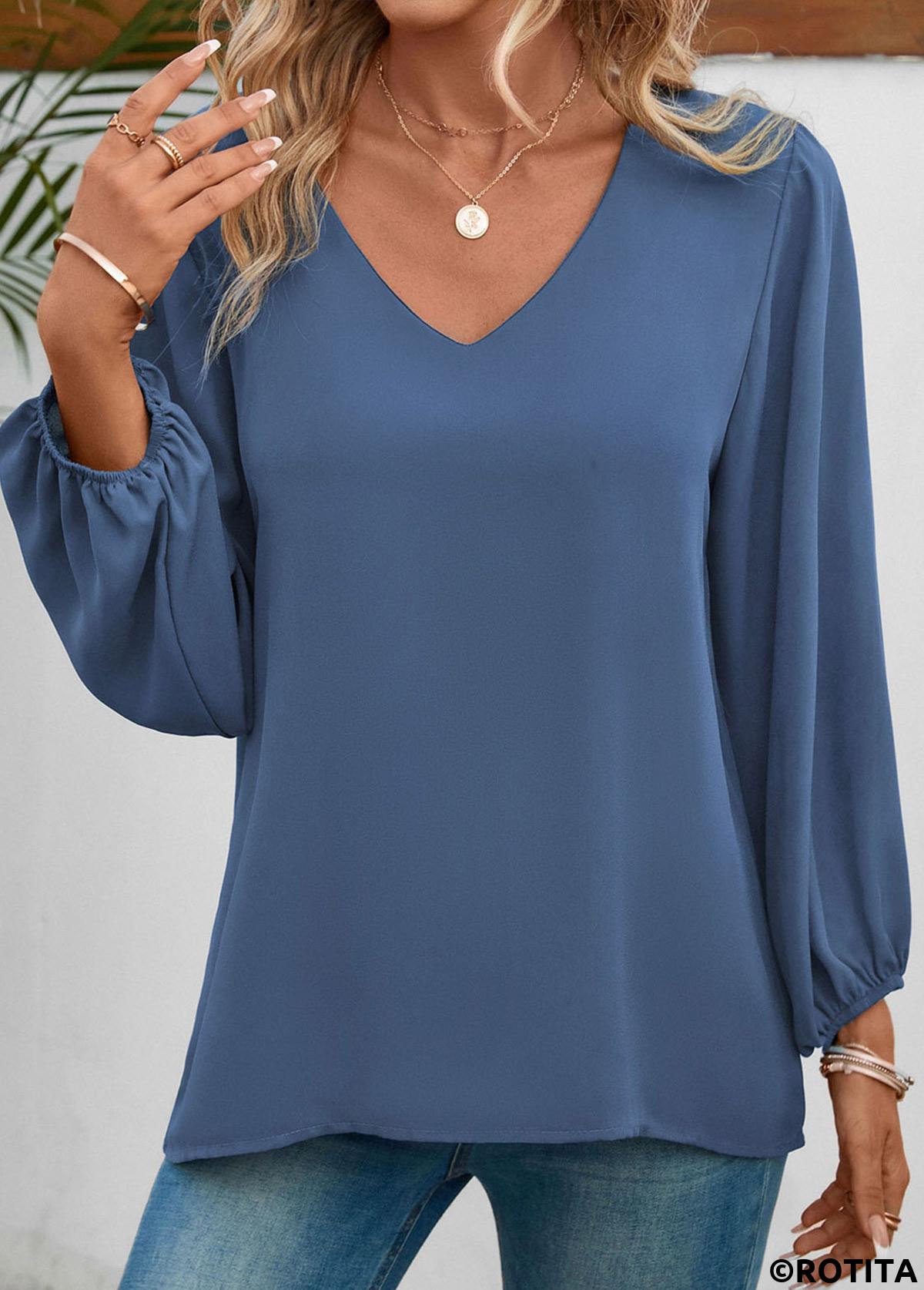 Dusty Blue tops,Plain Color tops,ROTITA Dusty Blue V Neck Long Sleeve Blouse