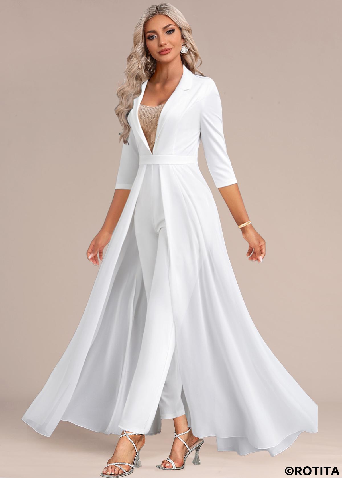 White jumpsuits&rompers,Plain Color jumpsuits&rompers,ROTITA Sequin White Ankle Length Regular Lapel Jumpsuit