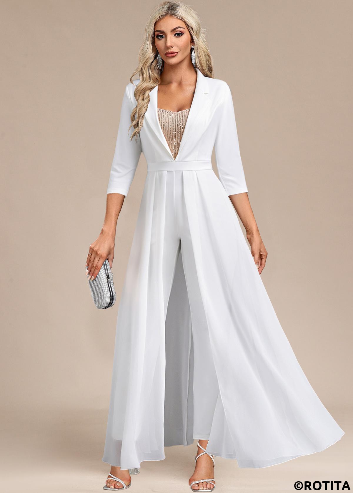 White jumpsuits&rompers,Plain Color jumpsuits&rompers,ROTITA Sequin White Ankle Length Regular Lapel Jumpsuit