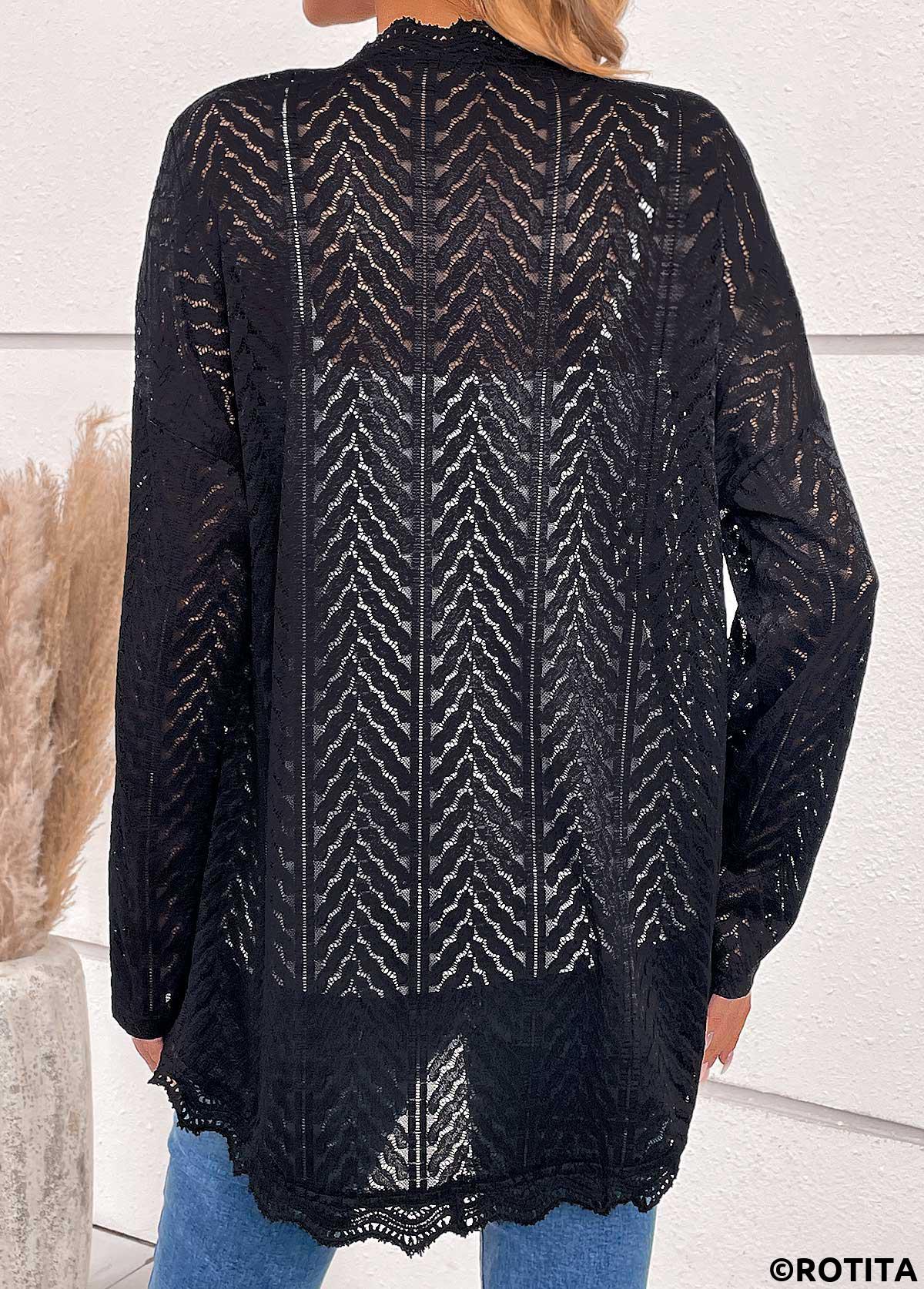 Black tops,Plain Color tops,ROTITA Scalloped Hem Black Long Sleeve Light Cardigan