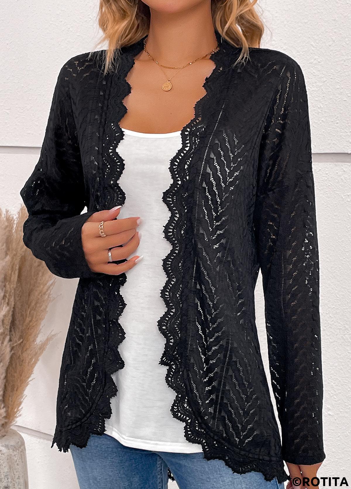 Black tops,Plain Color tops,ROTITA Scalloped Hem Black Long Sleeve Light Cardigan
