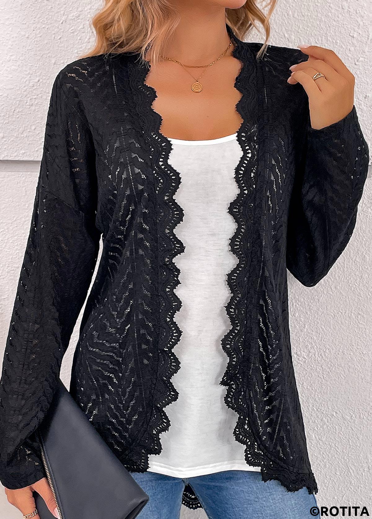 Black tops,Plain Color tops,ROTITA Scalloped Hem Black Long Sleeve Light Cardigan