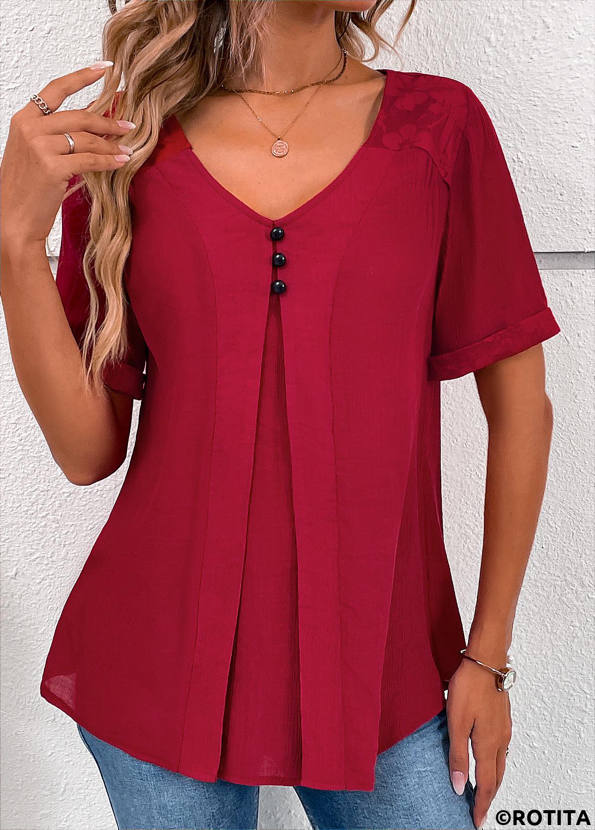 Wine Red tops,Plain Color tops,ROTITA Lace Wine Red V Neck Short Sleeve Blouse