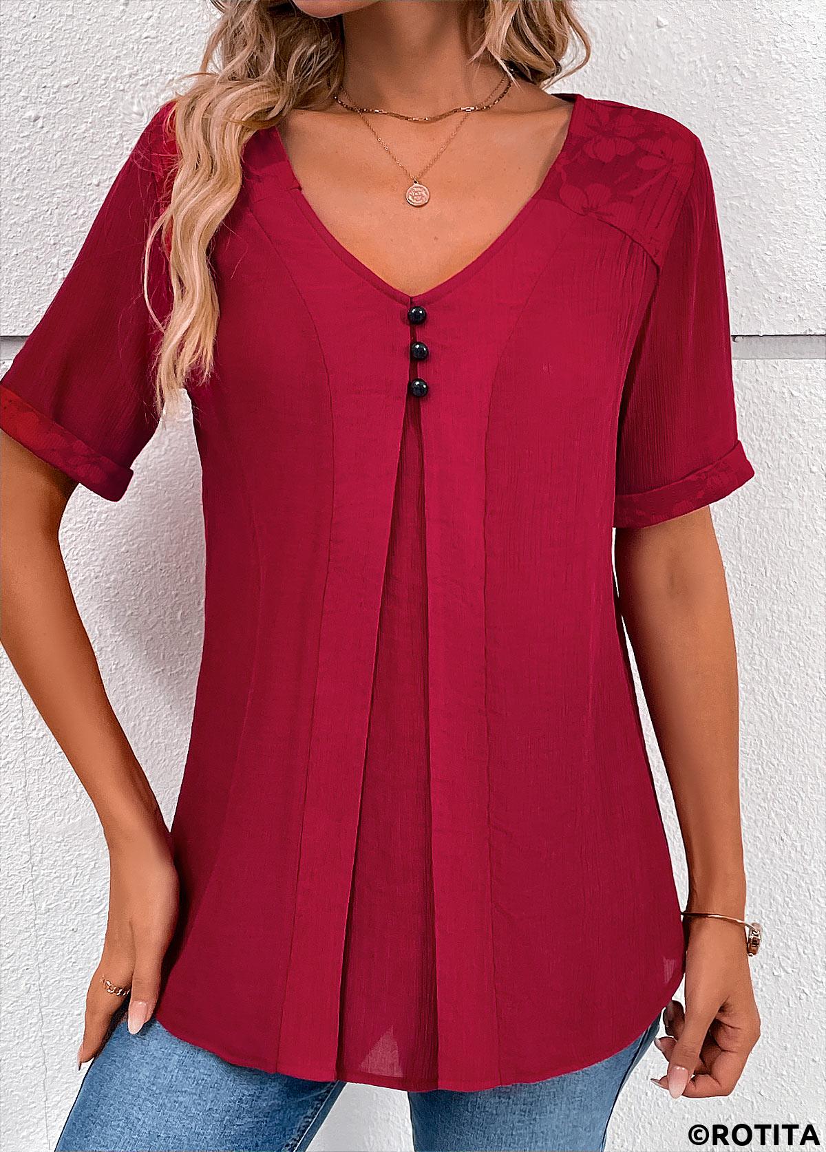 Wine Red tops,Plain Color tops,ROTITA Lace Wine Red V Neck Short Sleeve Blouse