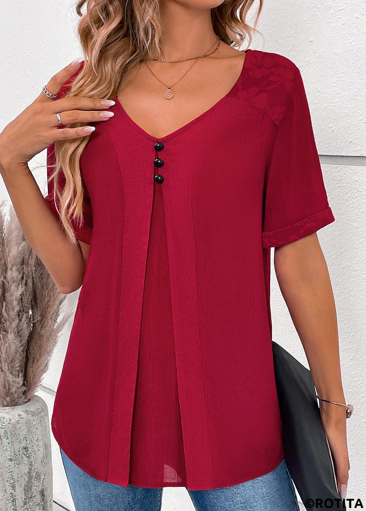 Wine Red tops,Plain Color tops,ROTITA Lace Wine Red V Neck Short Sleeve Blouse