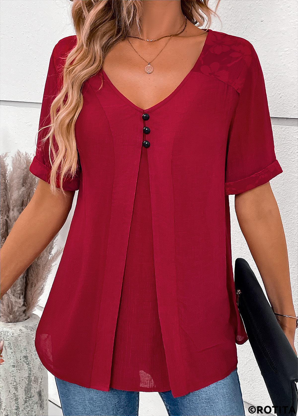 Wine Red tops,Plain Color tops,ROTITA Lace Wine Red V Neck Short Sleeve Blouse