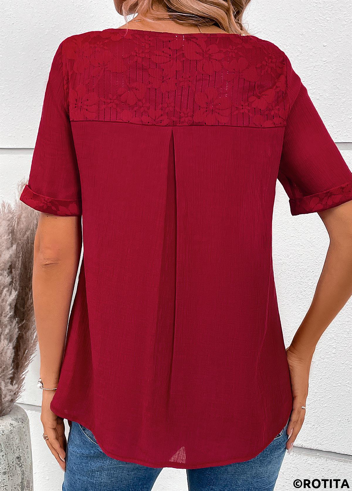 Wine Red tops,Plain Color tops,ROTITA Lace Wine Red V Neck Short Sleeve Blouse