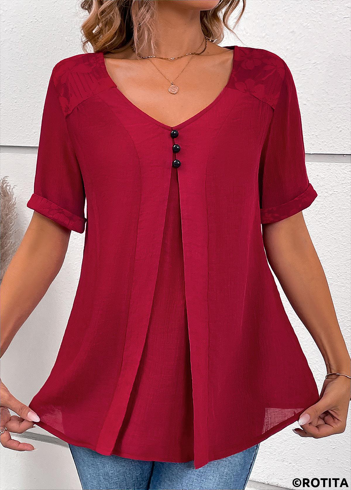 Wine Red tops,Plain Color tops,ROTITA Lace Wine Red V Neck Short Sleeve Blouse