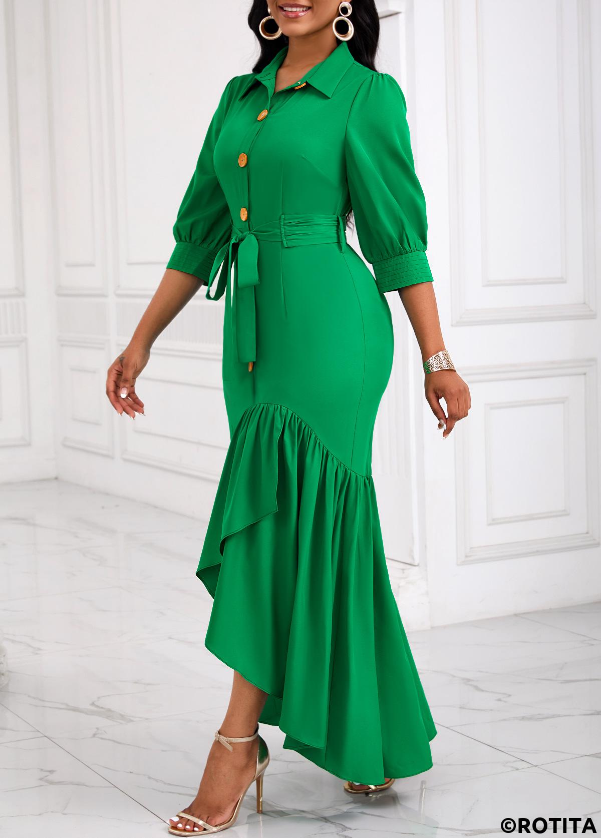 Green dresses,Plain Color dresses,Everyday dresses,Casual dresses,ROTITA Button Green Belted High Low Shirt Collar Dress