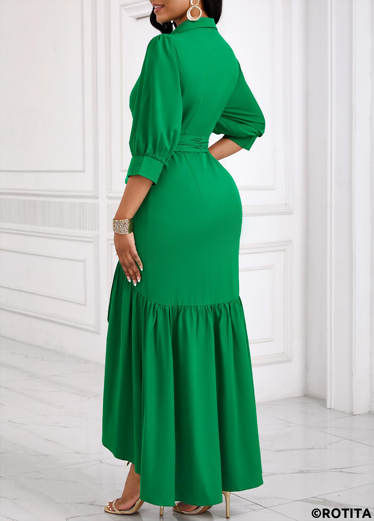Green dresses,Plain Color dresses,Everyday dresses,Casual dresses,ROTITA Button Green Belted High Low Shirt Collar Dress