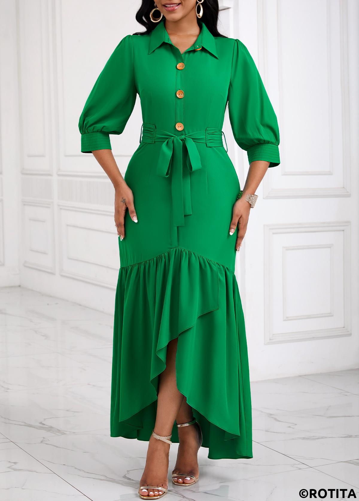 Green dresses,Plain Color dresses,Everyday dresses,Casual dresses,ROTITA Button Green Belted High Low Shirt Collar Dress