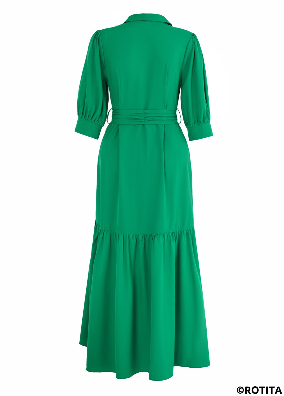 Green dresses,Plain Color dresses,Everyday dresses,Casual dresses,ROTITA Button Green Belted High Low Shirt Collar Dress
