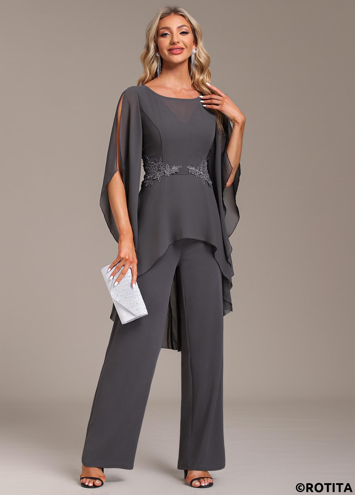 Grey jumpsuits&rompers,Plain Color jumpsuits&rompers,ROTITA Ruffle Grey Long Round Neck Jumpsuit
