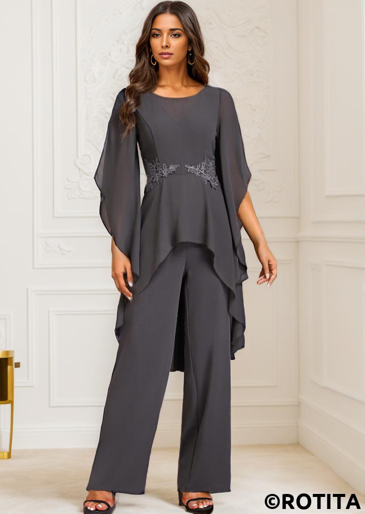 Grey jumpsuits&rompers,Plain Color jumpsuits&rompers,ROTITA Ruffle Grey Long Round Neck Jumpsuit