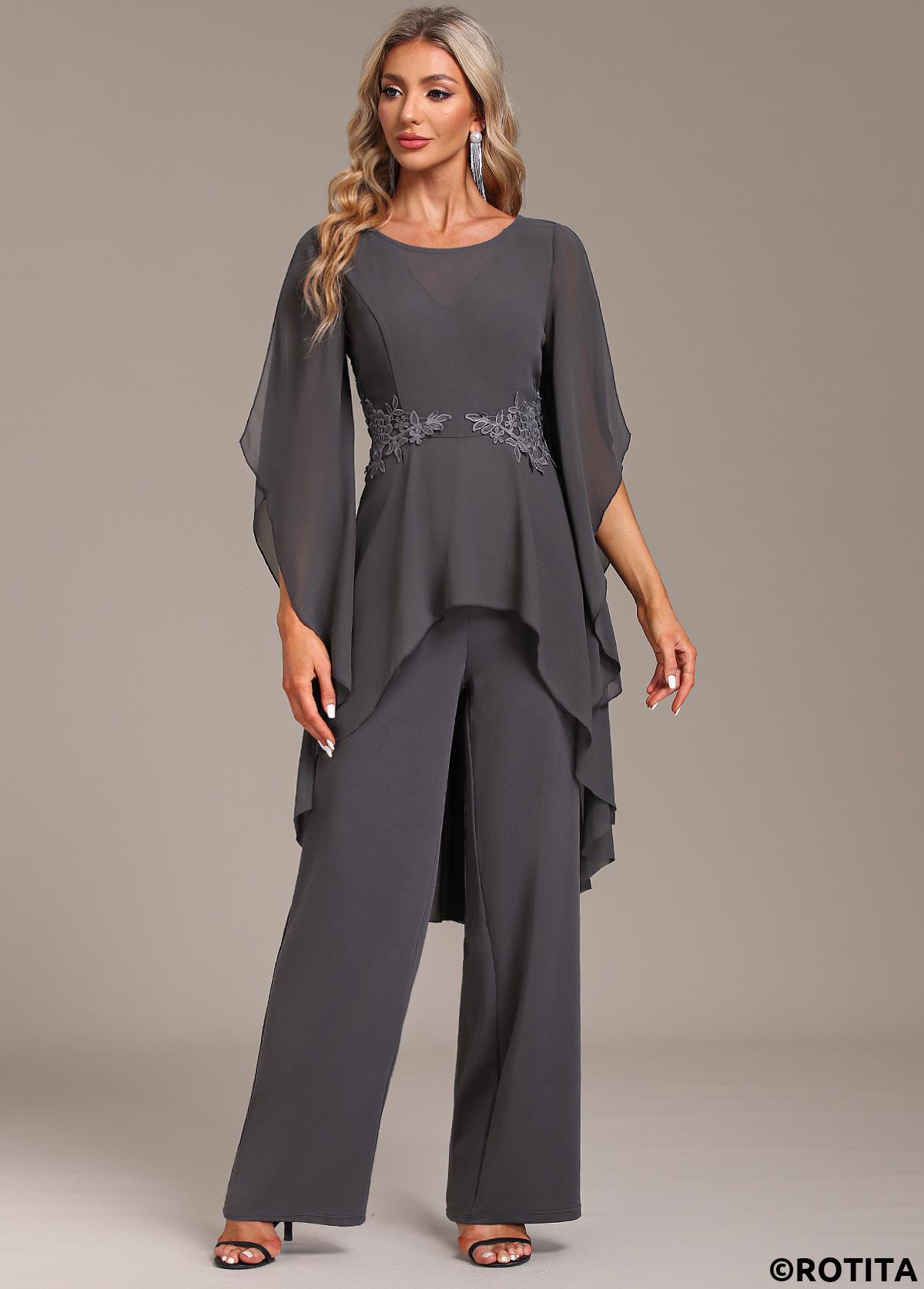 Grey jumpsuits&rompers,Plain Color jumpsuits&rompers,ROTITA Ruffle Grey Long Round Neck Jumpsuit