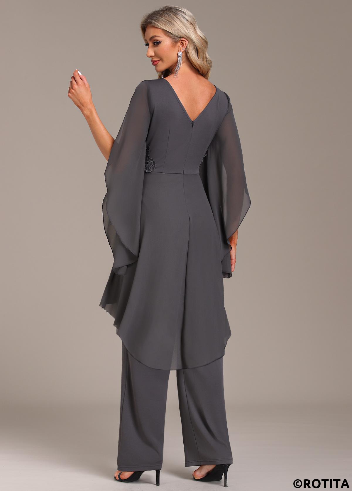 Grey jumpsuits&rompers,Plain Color jumpsuits&rompers,ROTITA Ruffle Grey Long Round Neck Jumpsuit