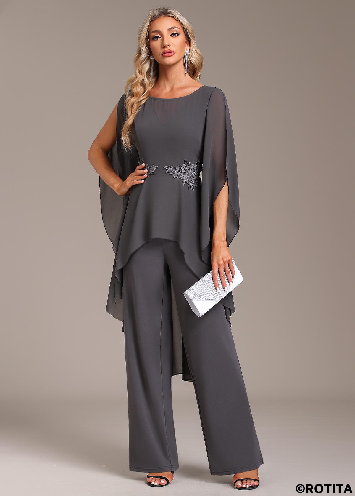 Grey jumpsuits&rompers,Plain Color jumpsuits&rompers,ROTITA Ruffle Grey Long Round Neck Jumpsuit