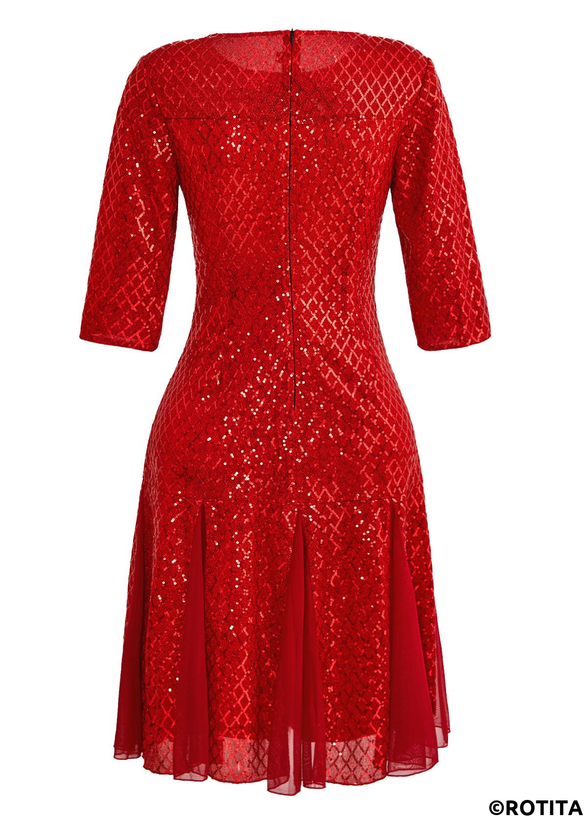Red dresses,Plain Color dresses,Party dresses,Elegant dresses,ROTITA Patchwork Sequin Red Round Neck Dress