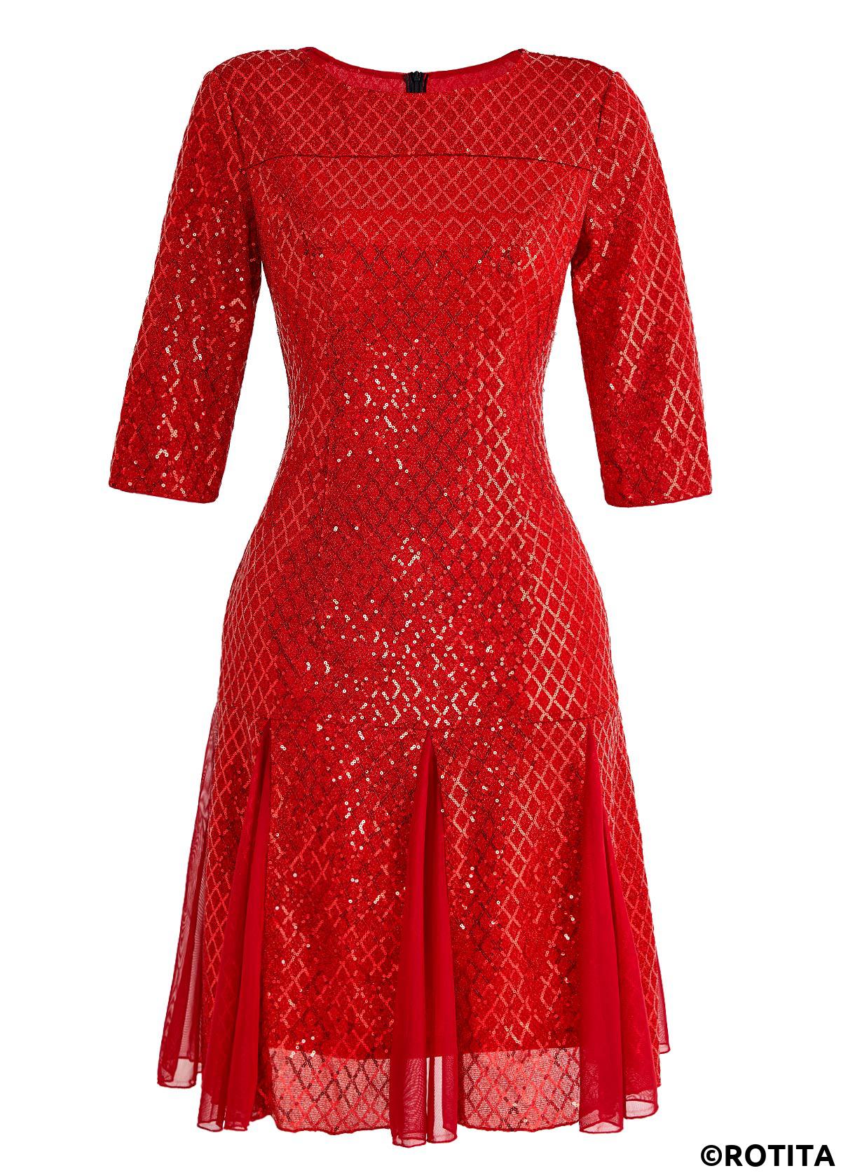 Red dresses,Plain Color dresses,Party dresses,Elegant dresses,ROTITA Patchwork Sequin Red Round Neck Dress