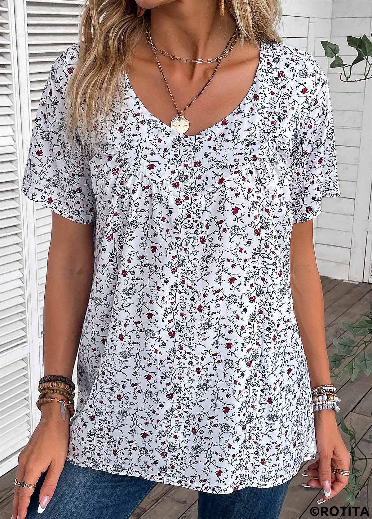 Bleaching White tops,Ditsy Floral tops,Plants tops,ROTITA Ruched Ditsy Floral Print Bleaching White T Shirt