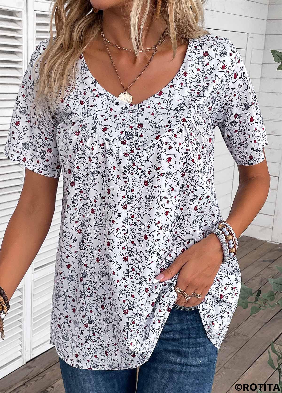 Bleaching White tops,Ditsy Floral tops,Plants tops,ROTITA Ruched Ditsy Floral Print Bleaching White T Shirt