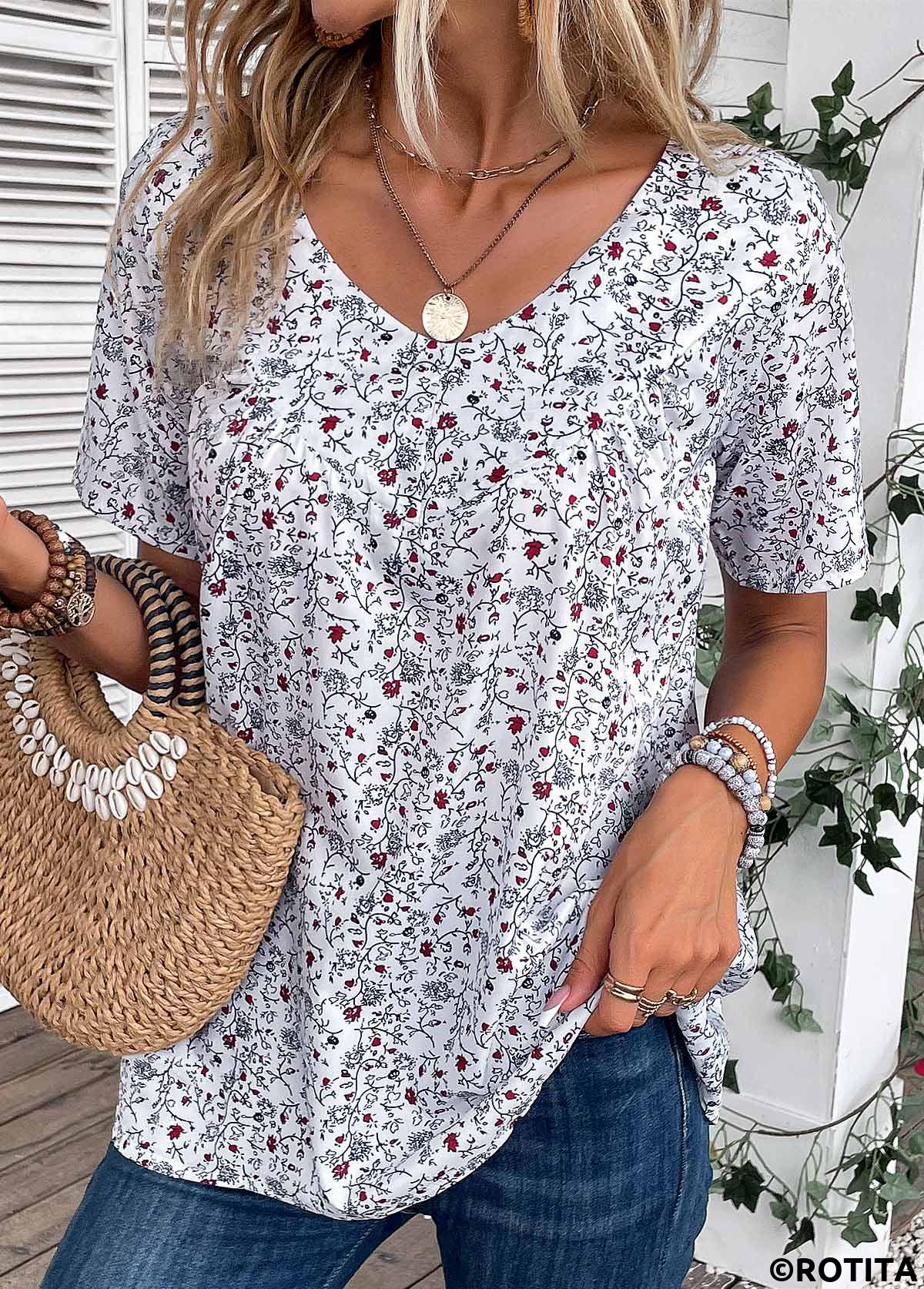 Bleaching White tops,Ditsy Floral tops,Plants tops,ROTITA Ruched Ditsy Floral Print Bleaching White T Shirt