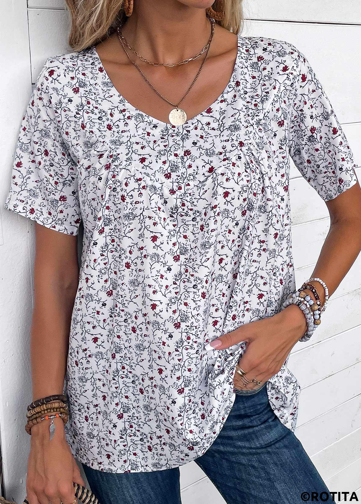 Bleaching White tops,Ditsy Floral tops,Plants tops,ROTITA Ruched Ditsy Floral Print Bleaching White T Shirt