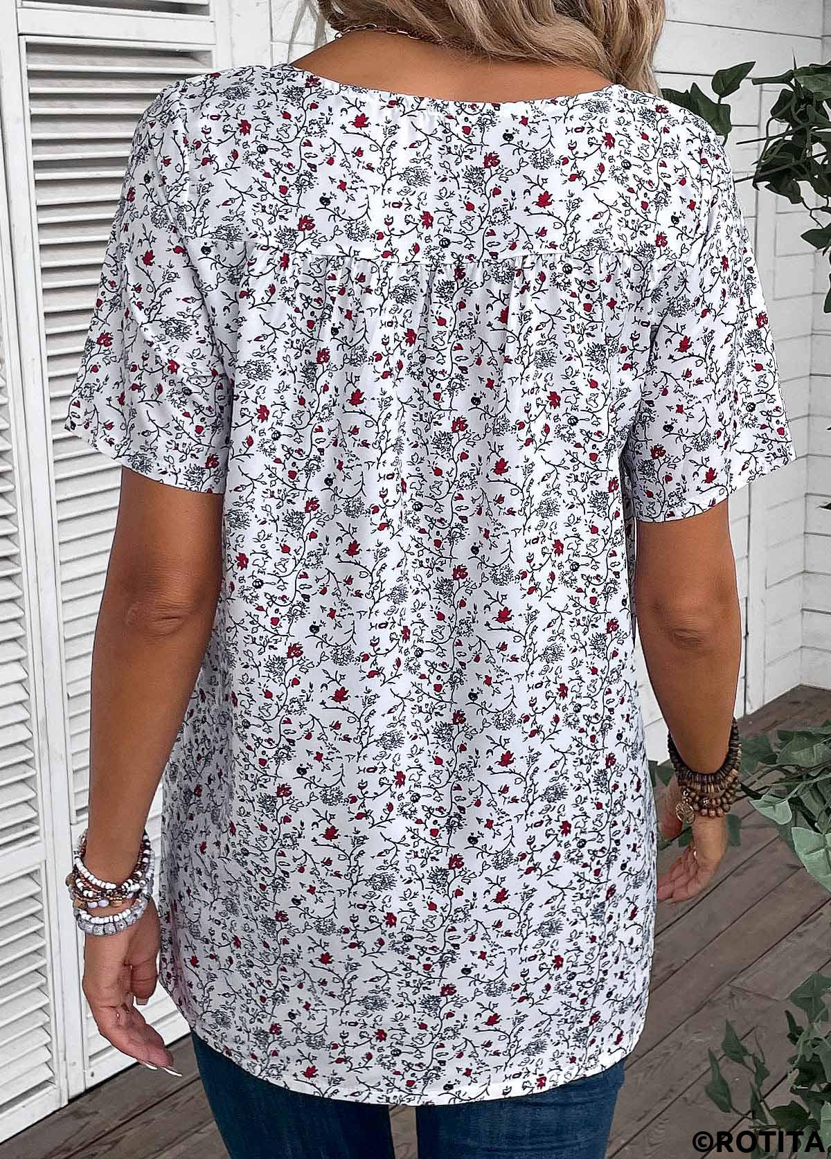 Bleaching White tops,Ditsy Floral tops,Plants tops,ROTITA Ruched Ditsy Floral Print Bleaching White T Shirt