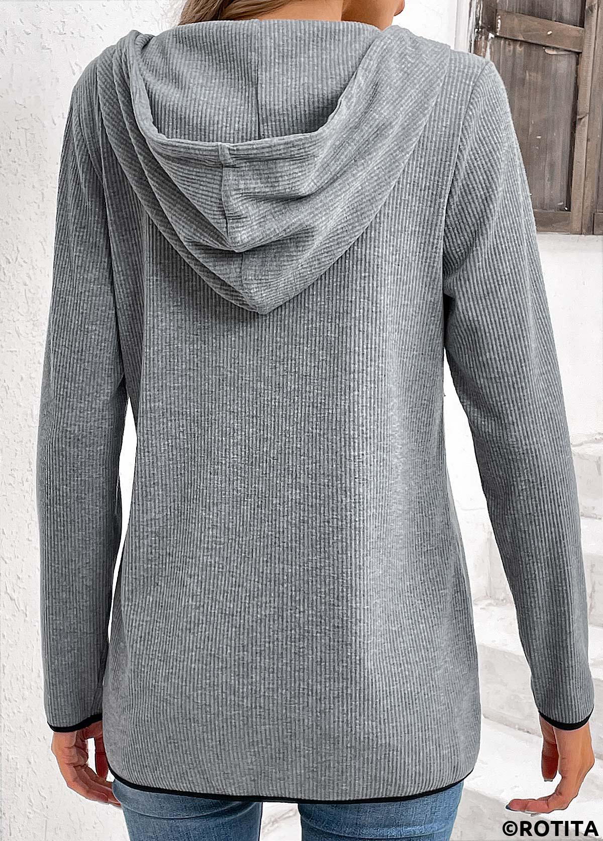 Grey tops,Plain Color tops,ROTITA Zipper Pocket Grey Long Sleeve Hoodie
