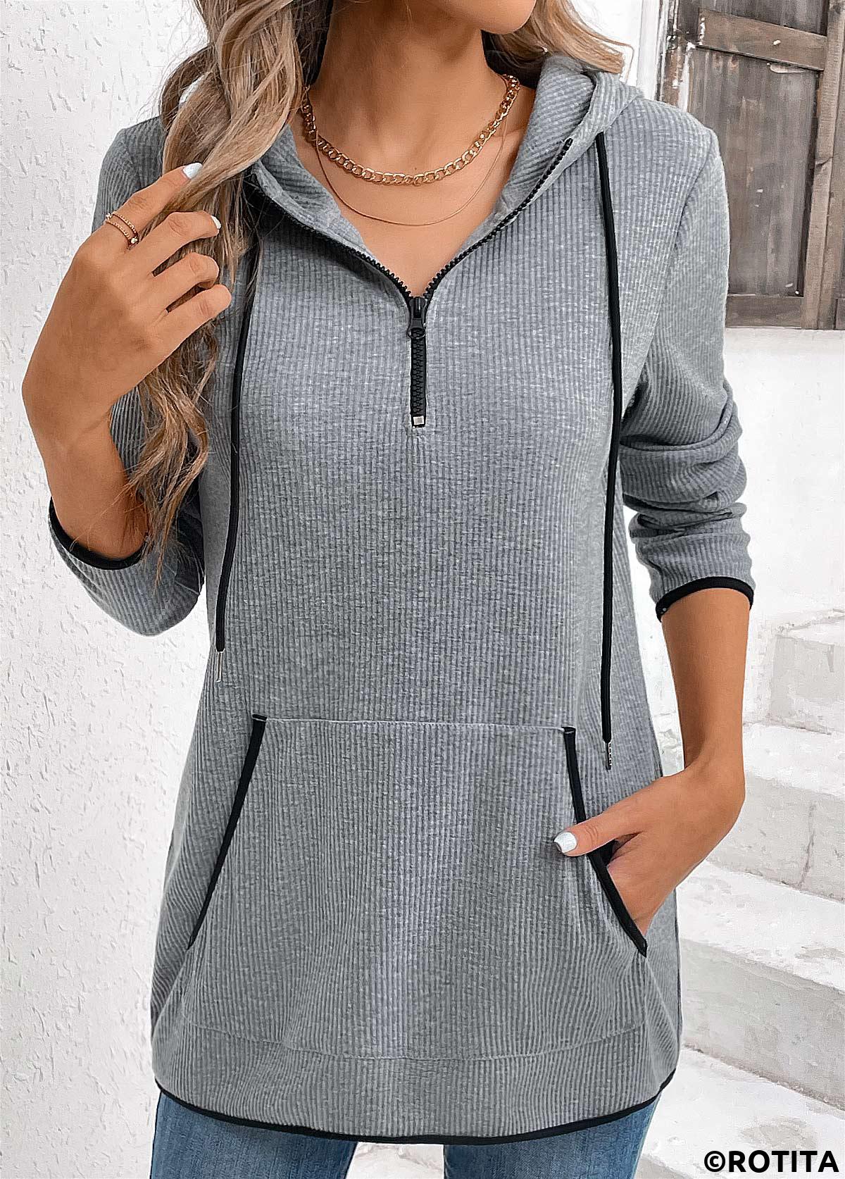 Grey tops,Plain Color tops,ROTITA Zipper Pocket Grey Long Sleeve Hoodie