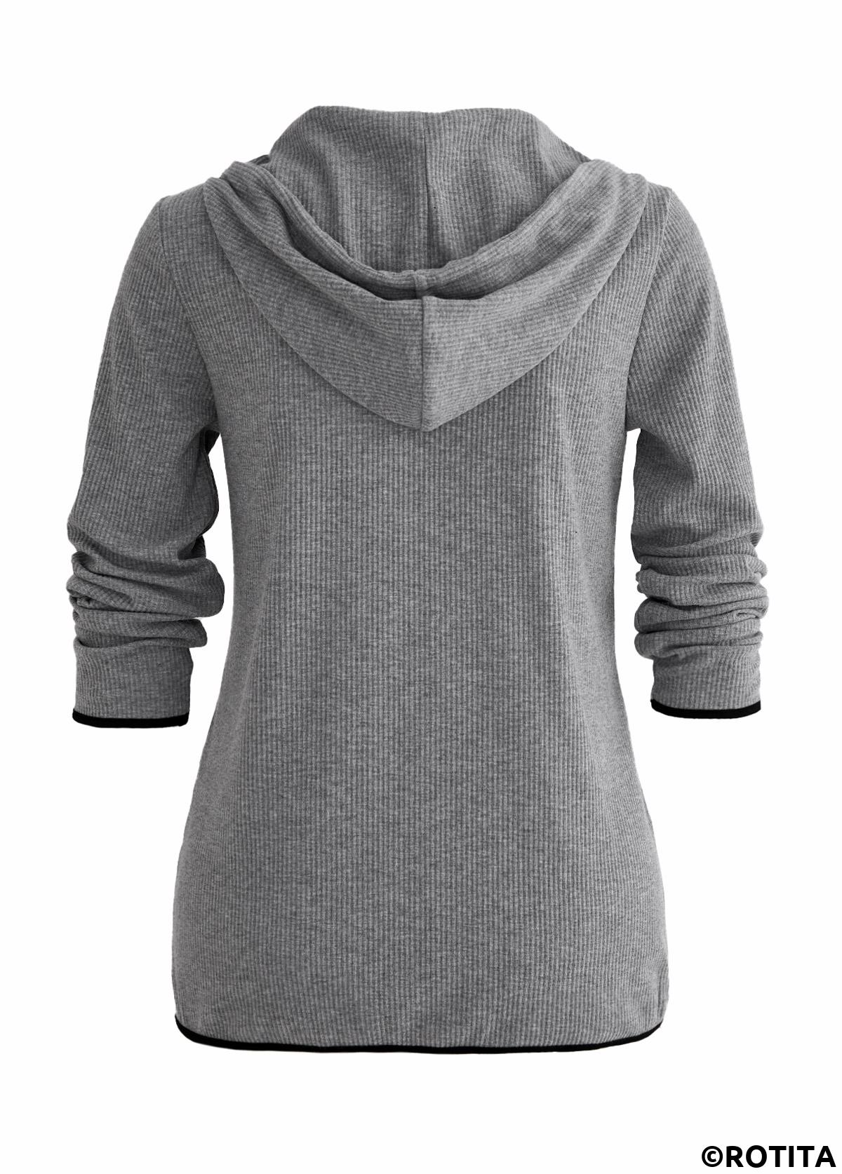 Grey tops,Plain Color tops,ROTITA Zipper Pocket Grey Long Sleeve Hoodie