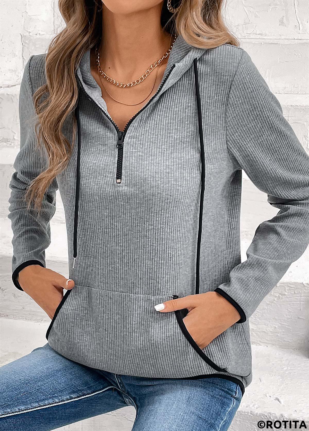 Grey tops,Plain Color tops,ROTITA Zipper Pocket Grey Long Sleeve Hoodie