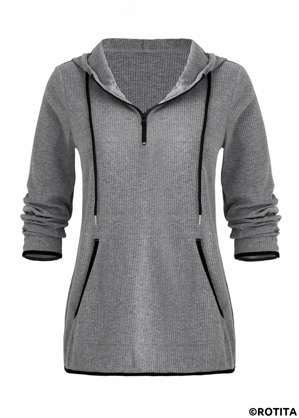 Grey tops,Plain Color tops,ROTITA Zipper Pocket Grey Long Sleeve Hoodie