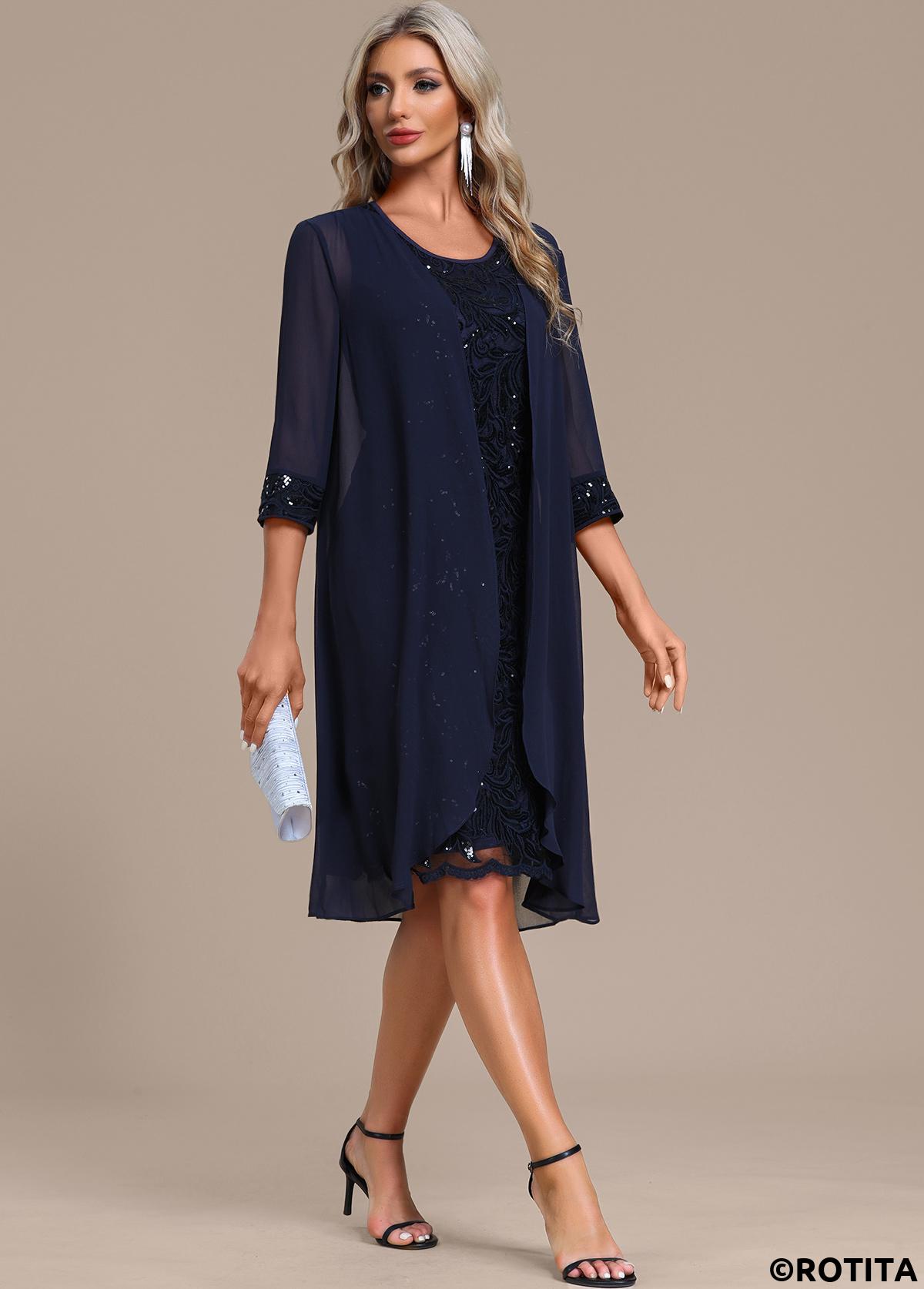 Navy dresses,Plain Color dresses,Party dresses,Elegant dresses,ROTITA Sequin Navy Round Neck Shift Dress and Cardigan