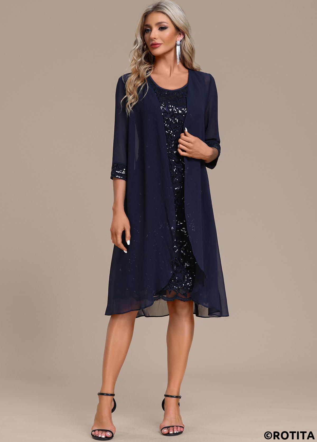 Navy dresses,Plain Color dresses,Party dresses,Elegant dresses,ROTITA Sequin Navy Round Neck Shift Dress and Cardigan