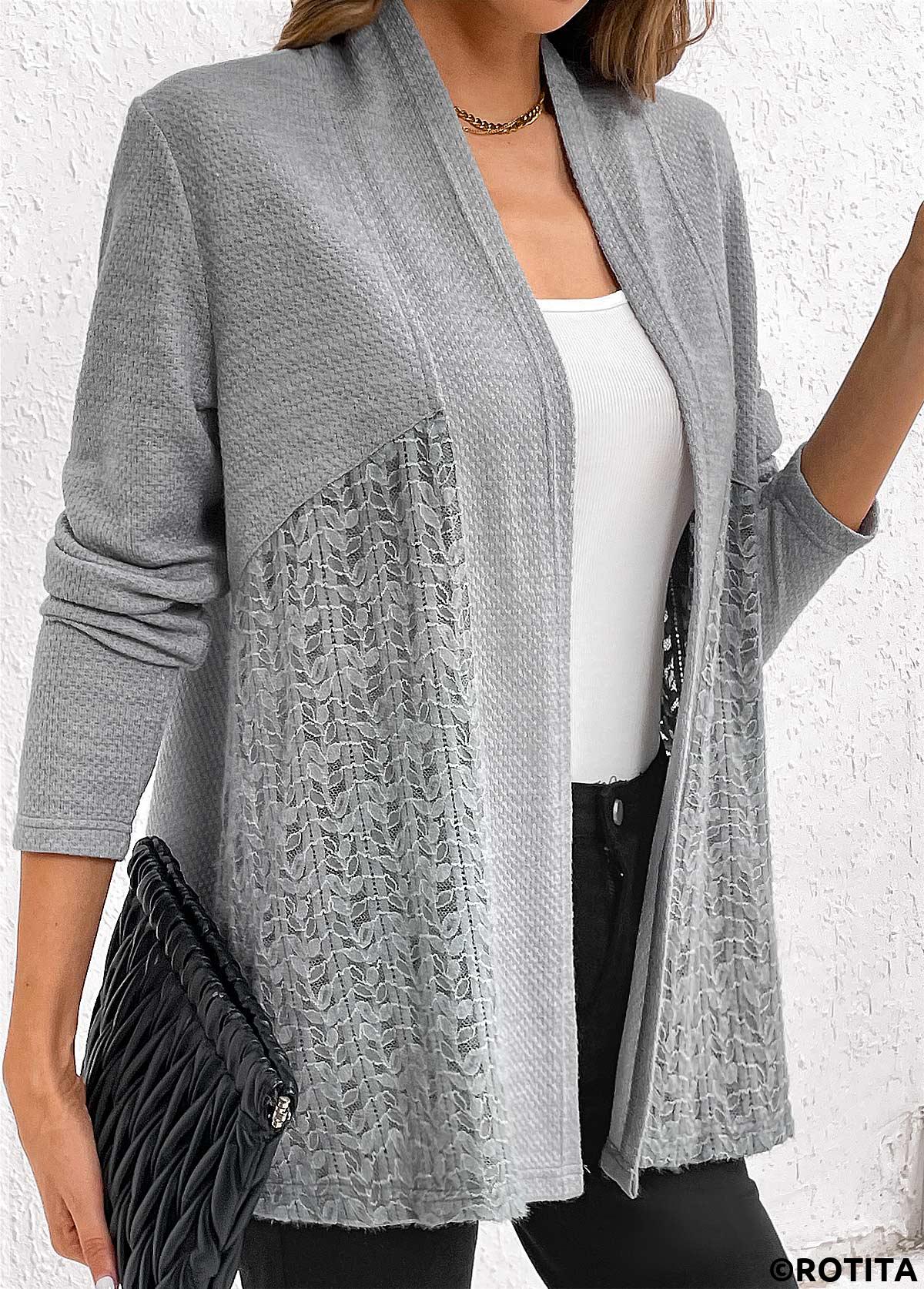 Grey tops,Plain Color tops,ROTITA Lace Patchwork Grey Long Sleeve Cardigan