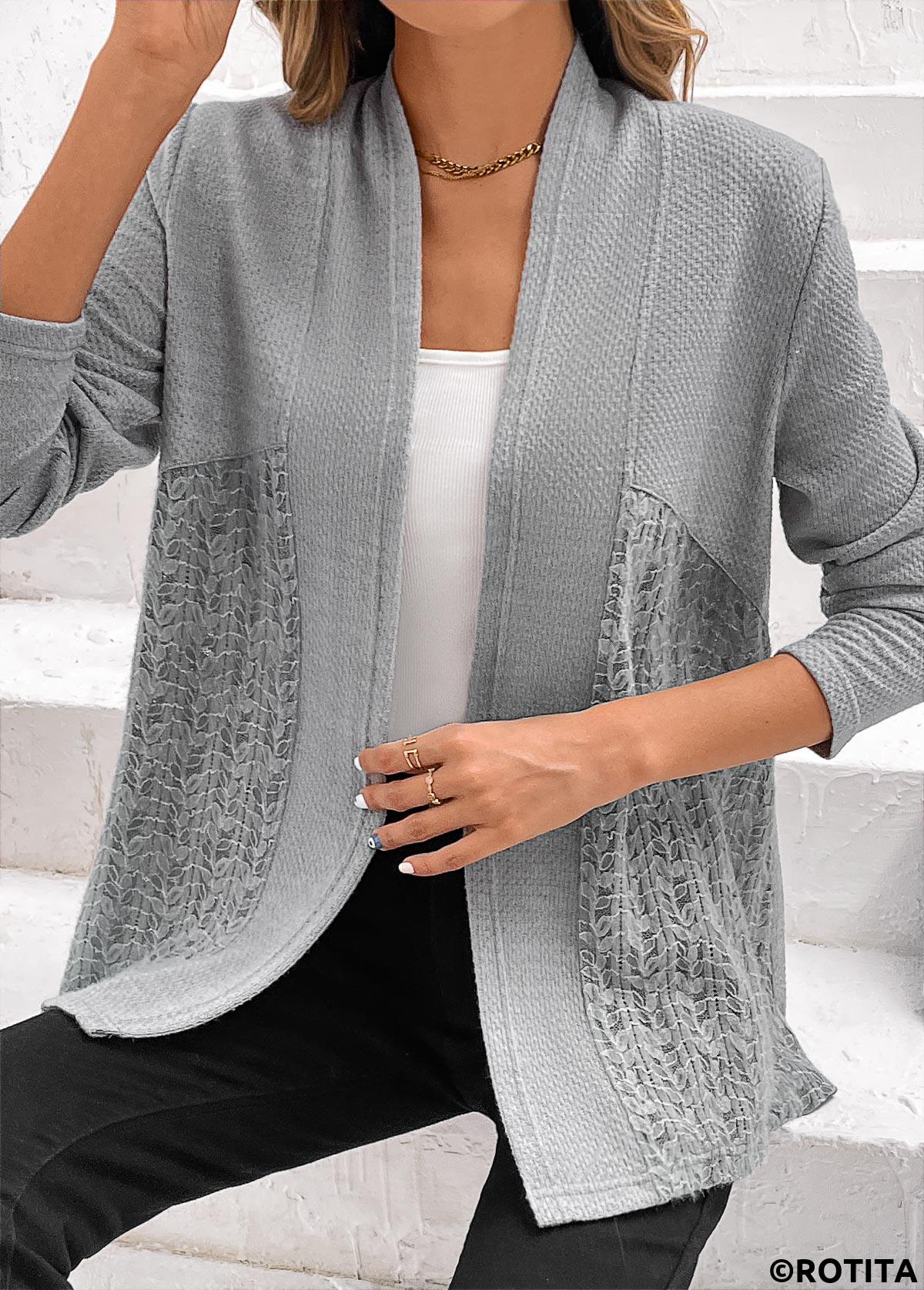 Grey tops,Plain Color tops,ROTITA Lace Patchwork Grey Long Sleeve Cardigan