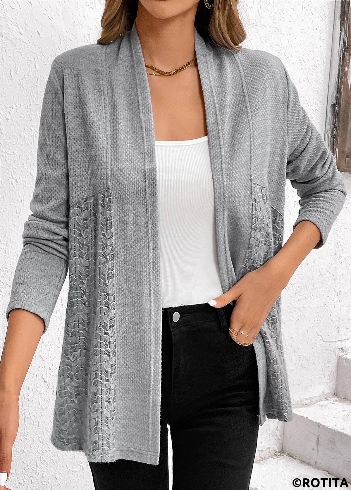 Grey tops,Plain Color tops,ROTITA Lace Patchwork Grey Long Sleeve Cardigan