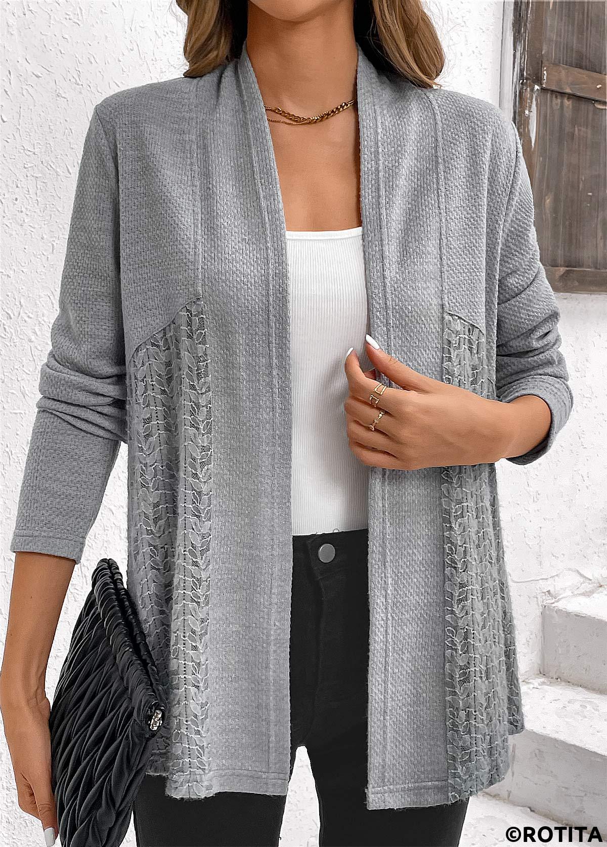 Grey tops,Plain Color tops,ROTITA Lace Patchwork Grey Long Sleeve Cardigan