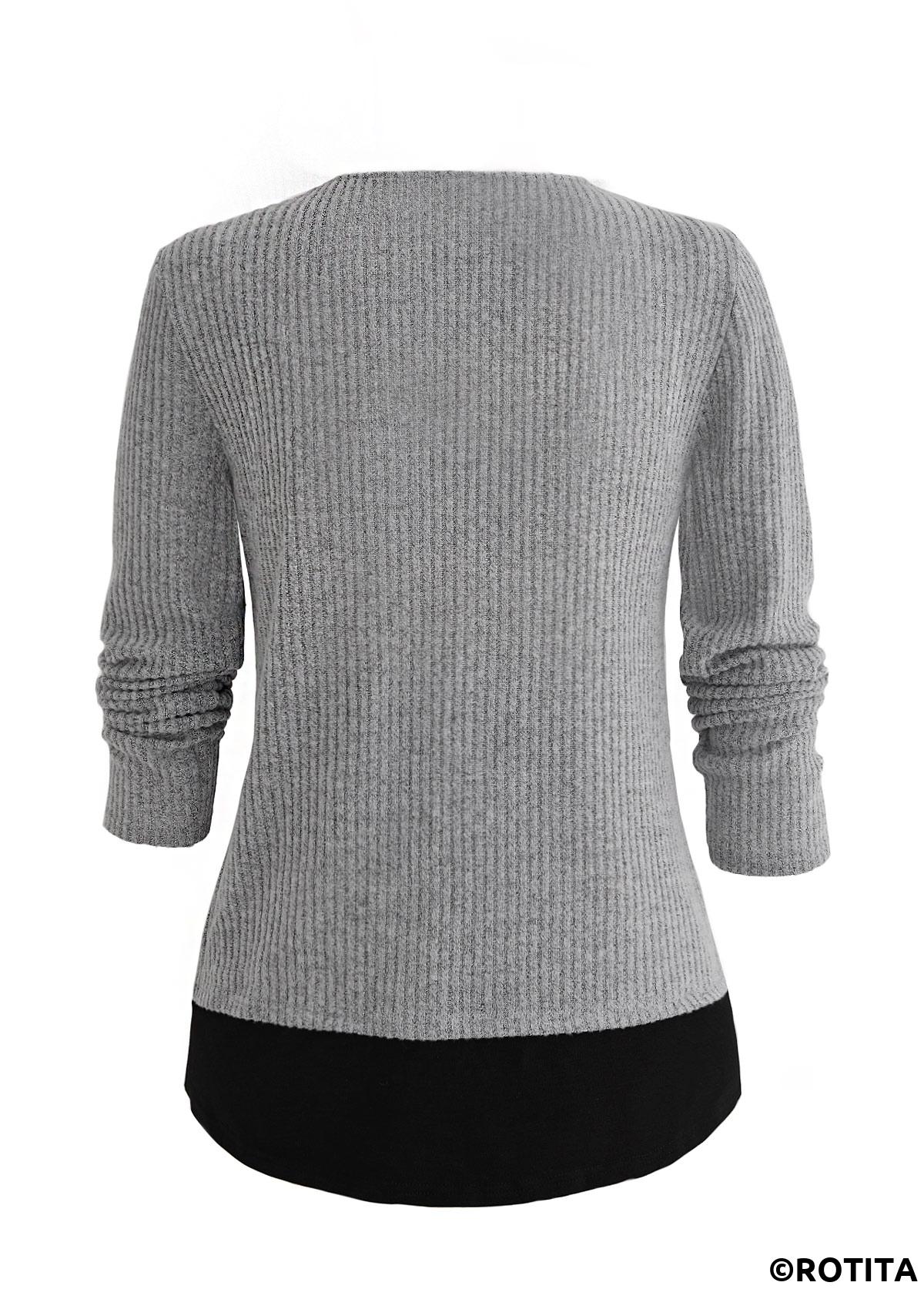 Light Grey Marl tops,Contrast Color tops,ROTITA Light Grey Marl Round Neck Fake Two Piece Twinset