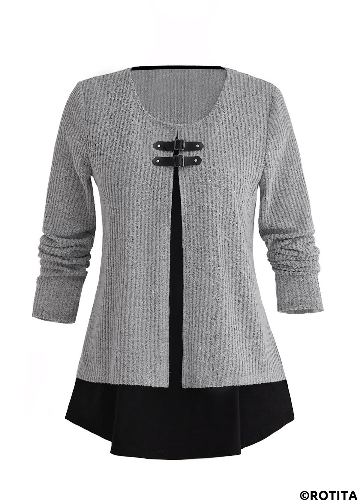 Light Grey Marl tops,Contrast Color tops,ROTITA Light Grey Marl Round Neck Fake Two Piece Twinset