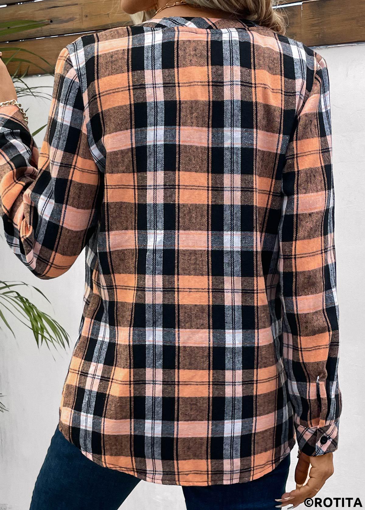 Orange plus size,Plaid plus size,Geometric plus size,Striped plus size,ROTITA Plus Size Button Orange Plaid Round Neck Blouse