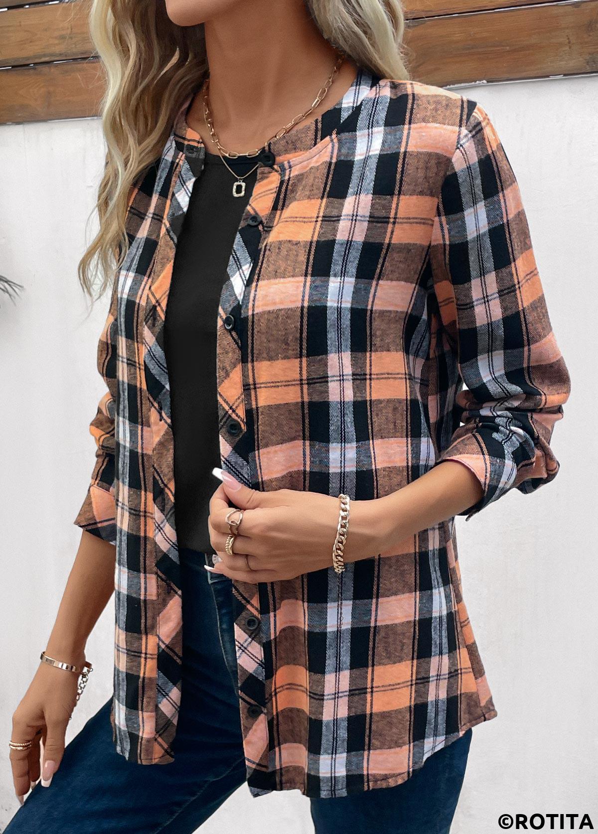 Orange plus size,Plaid plus size,Geometric plus size,Striped plus size,ROTITA Plus Size Button Orange Plaid Round Neck Blouse