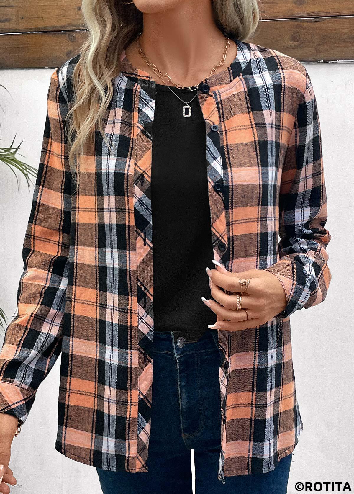 Orange plus size,Plaid plus size,Geometric plus size,Striped plus size,ROTITA Plus Size Button Orange Plaid Round Neck Blouse