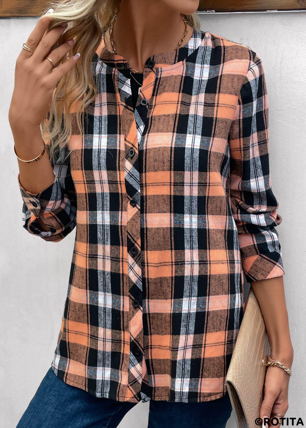 Orange plus size,Plaid plus size,Geometric plus size,Striped plus size,ROTITA Plus Size Button Orange Plaid Round Neck Blouse
